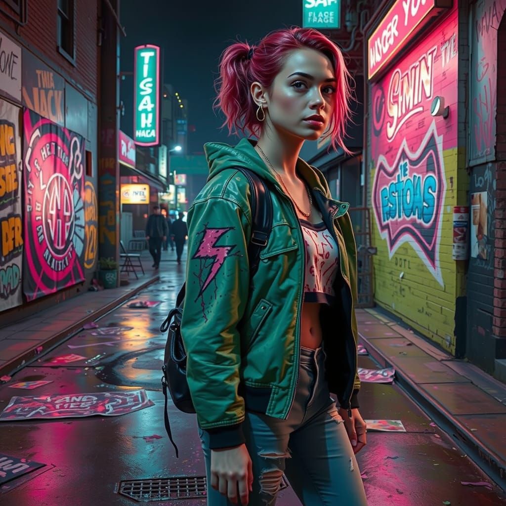 Trashpunk Girl Walking in Dystopian City, Comic Book Style