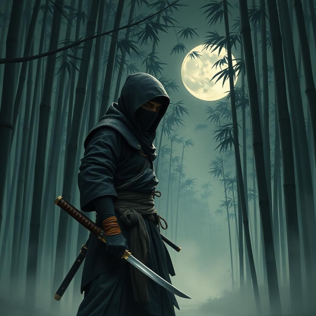 Ninja in Moonlight Rainforest: A Mystical Scene