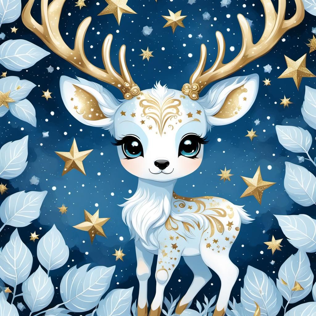 Chibi Deer in Starry Night: A Digital Art Piece