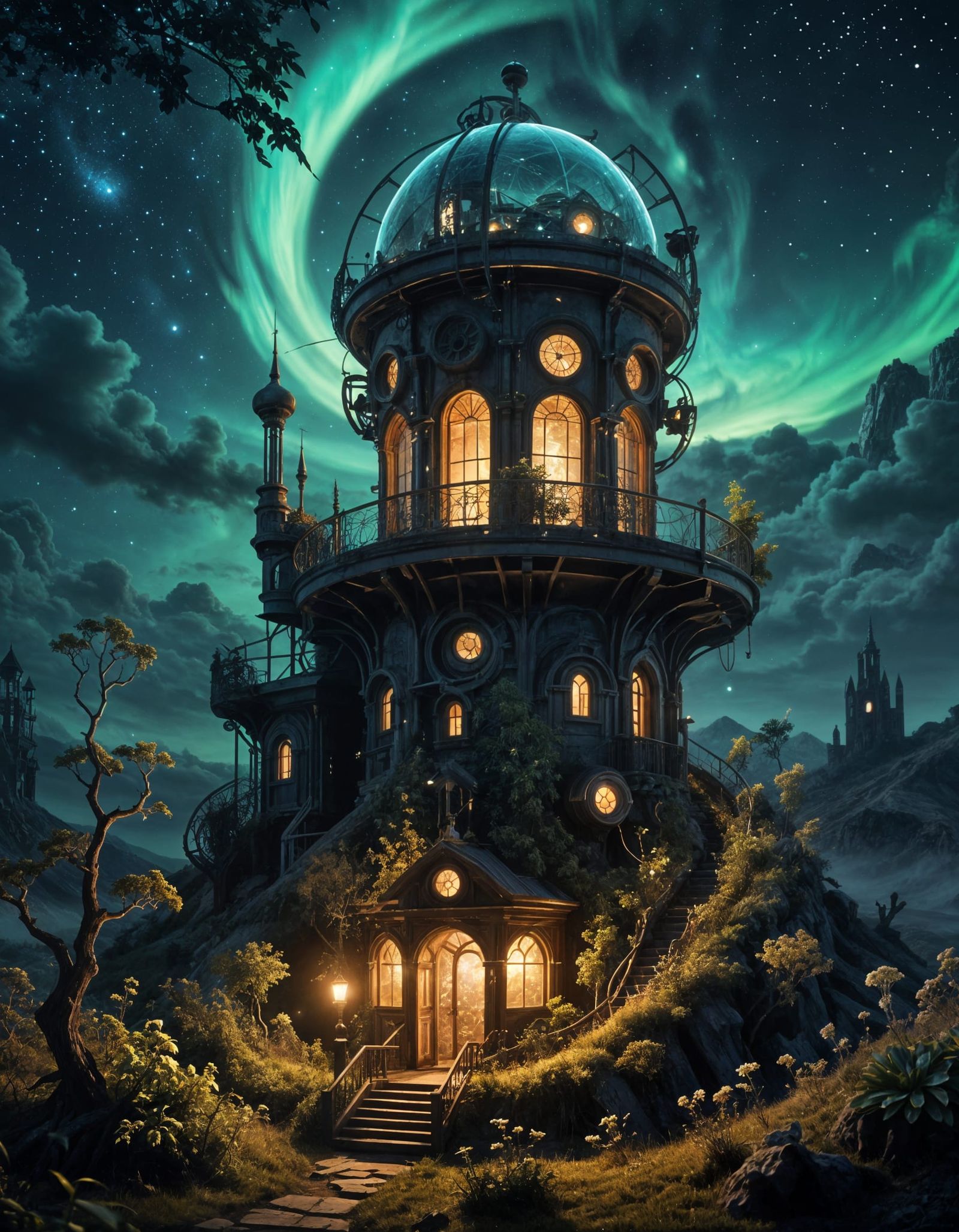 Victorian Observatory Against Aurora Sky