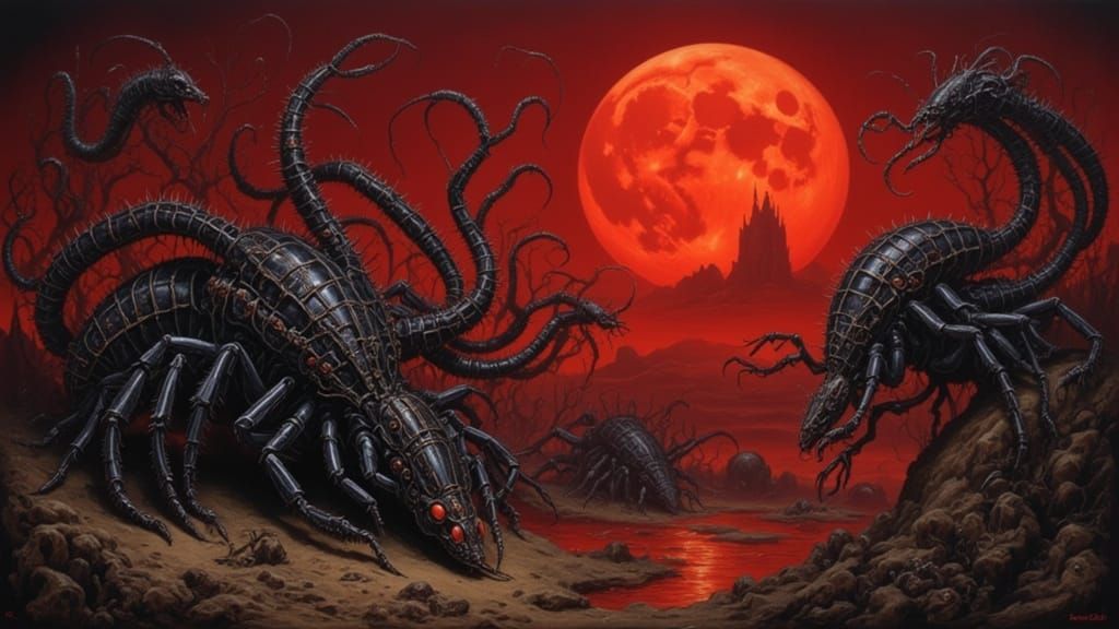Nightmarish Insect-Reptile Hybrids Under Red Moon