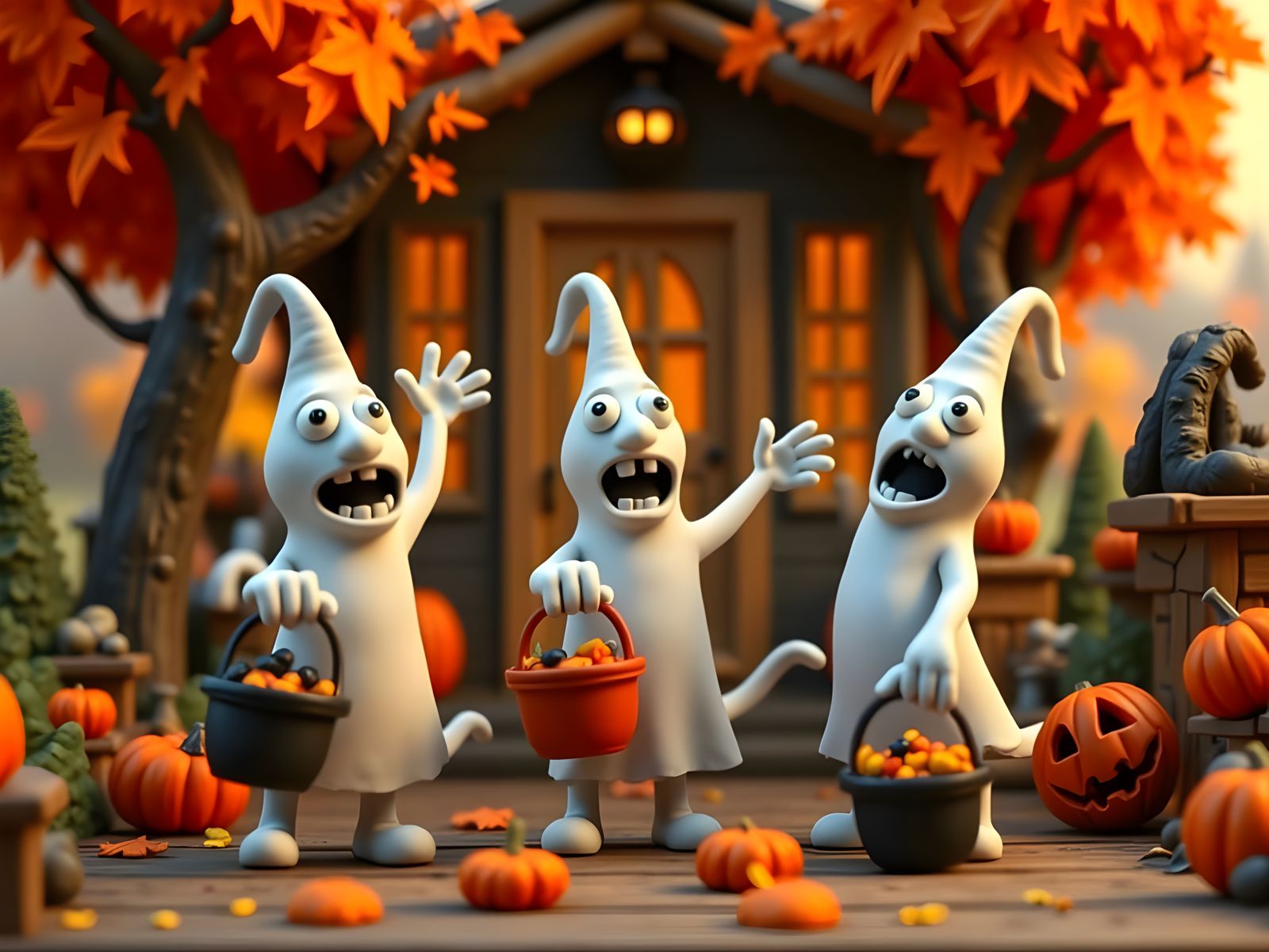 Adorable Spooky Ghosts on Porch in Autumn
