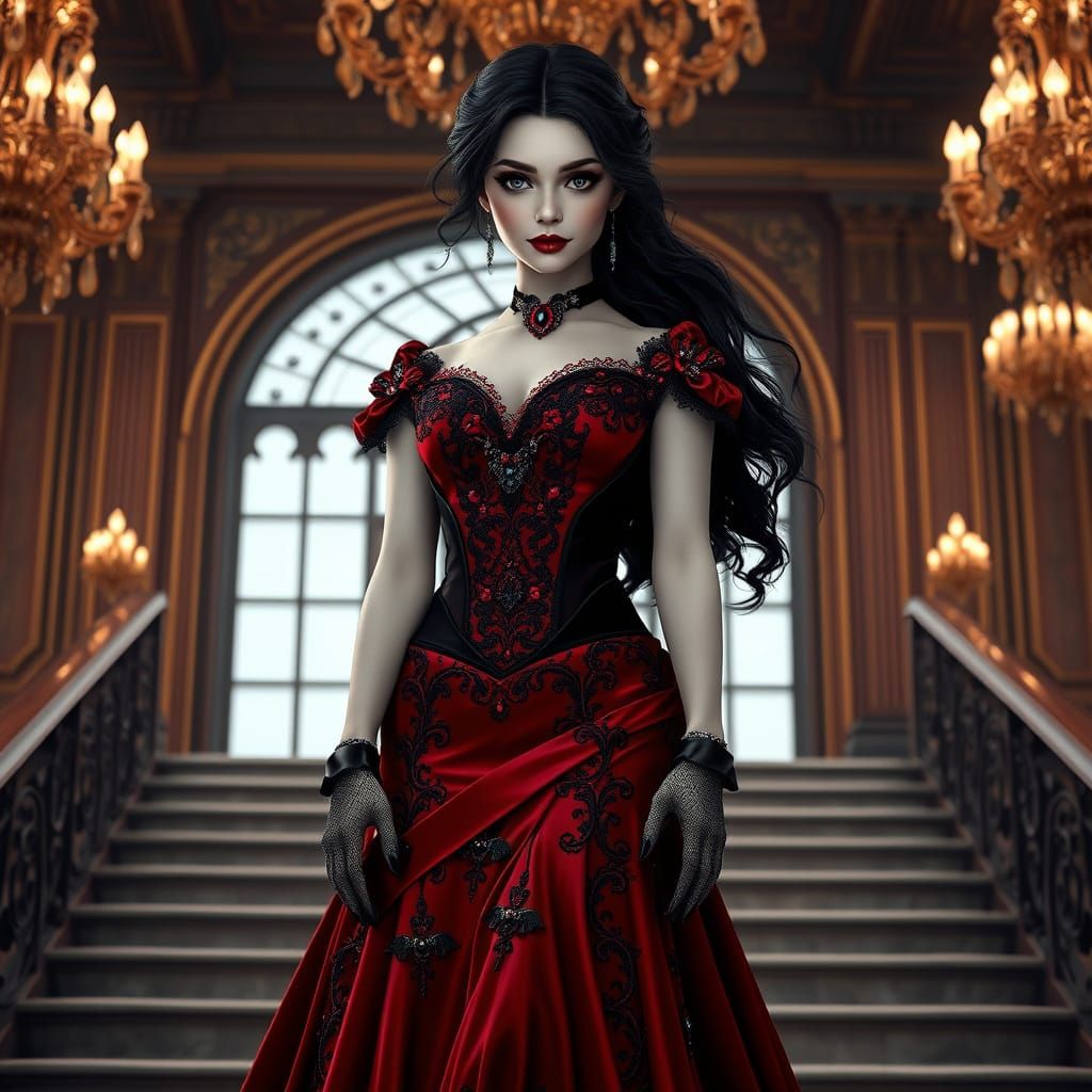 Gothic Princess in Elegant Red Corset and Velvet Choker