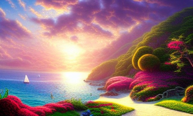 Island Spring Dreamscape: Photorealistic Airbrush Art