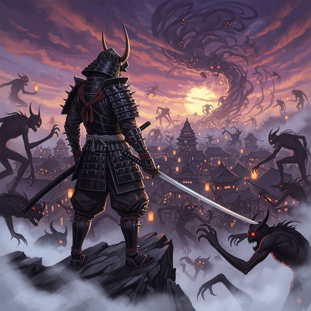 Samurai Confronts Demons Atop Misty Mountain in Stylized Art