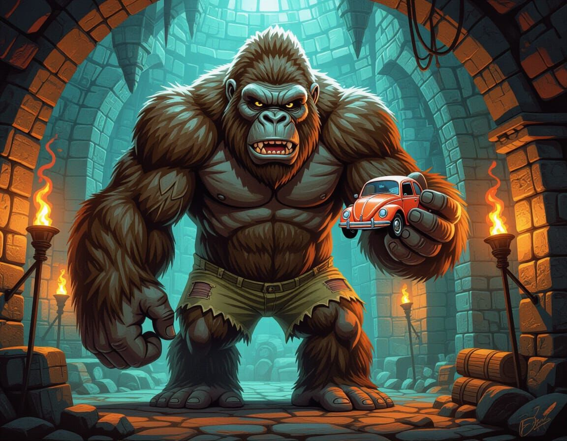 Giant King Kong in Dungeon Holding Beetle Car