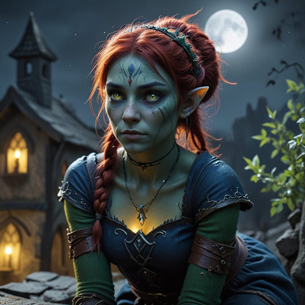 Half-Elf Half-Orc Maiden Surveys City Ruins Under Lunar Glow
