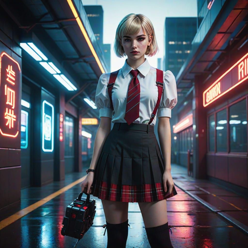 Confident Schoolgirl in a Futuristic Cityscape