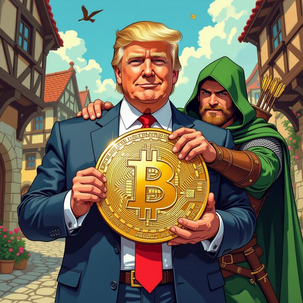 Trump, Bitcoin, and Robin Hood in Comic Style