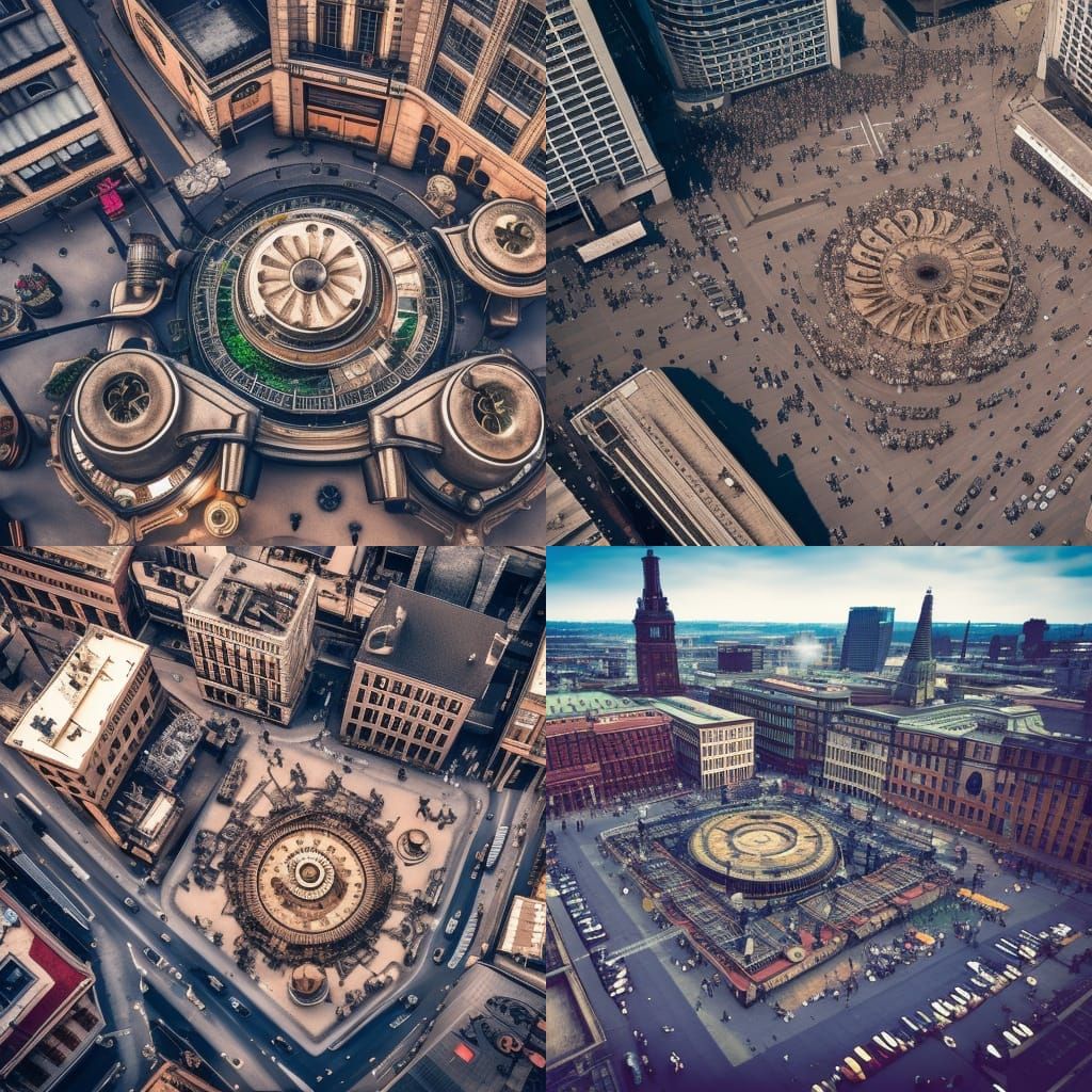 an aerial view of a busy city square steampunk engine