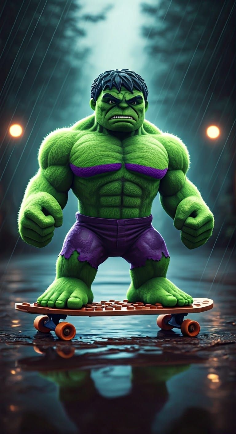 Plush Hulk on Lego Skateboard in Rain