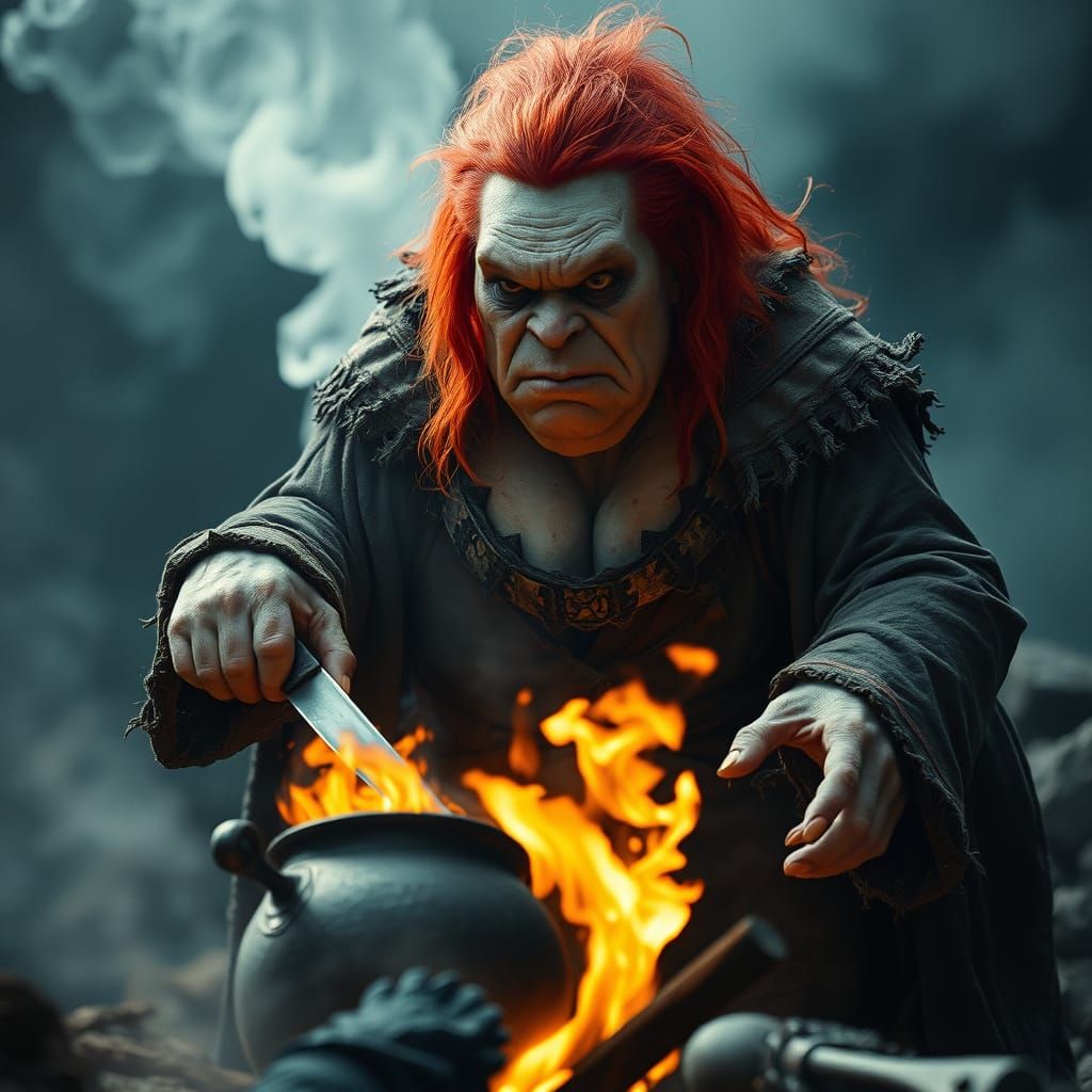 Gigantic Female Ogre Stirs Cauldron in Dark, Atmospheric Fil...