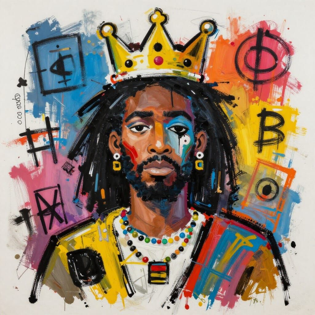 Crowned Deity in Basquiat Neo-Expressionist Style