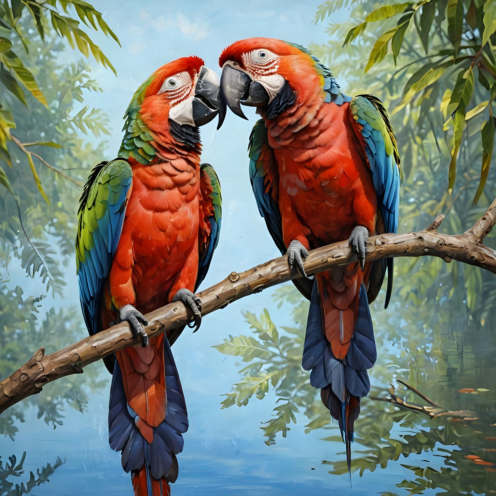Macaws in Love: A Hyperrealistic Impasto Painting
