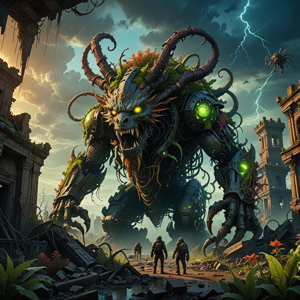 Hyperrealistic Ufonians Scavenge Ruins in Wasteland