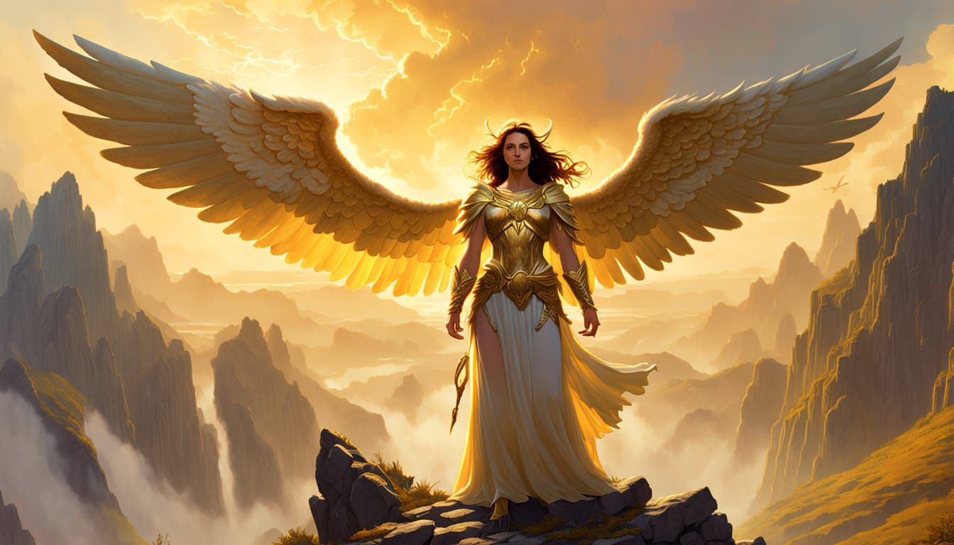 Heroic Angel Against Dramatic Landscape in Fantasy Art Style