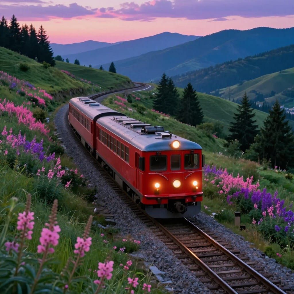 Vintage Red Train on Winding Track Amidst Mountain Sunset