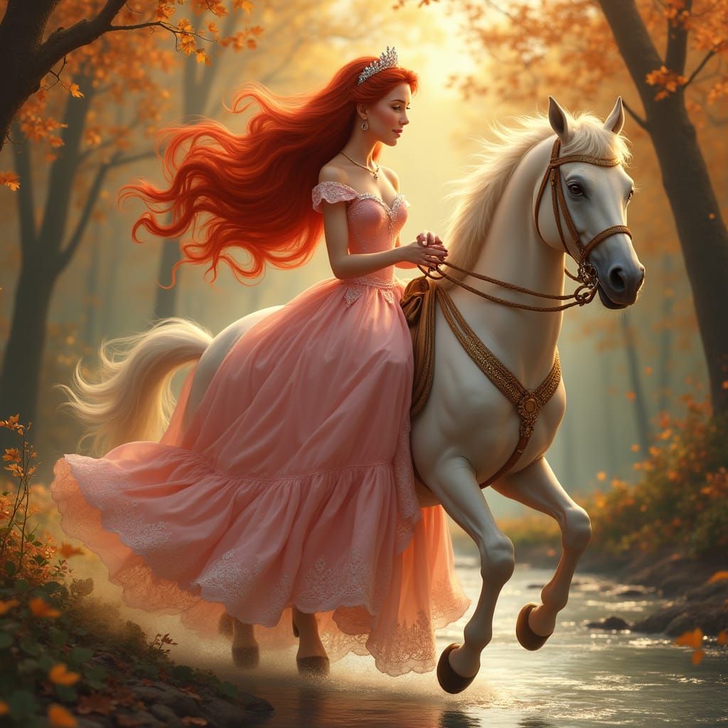 Red-Haired Princess Rides with Prince Charming
