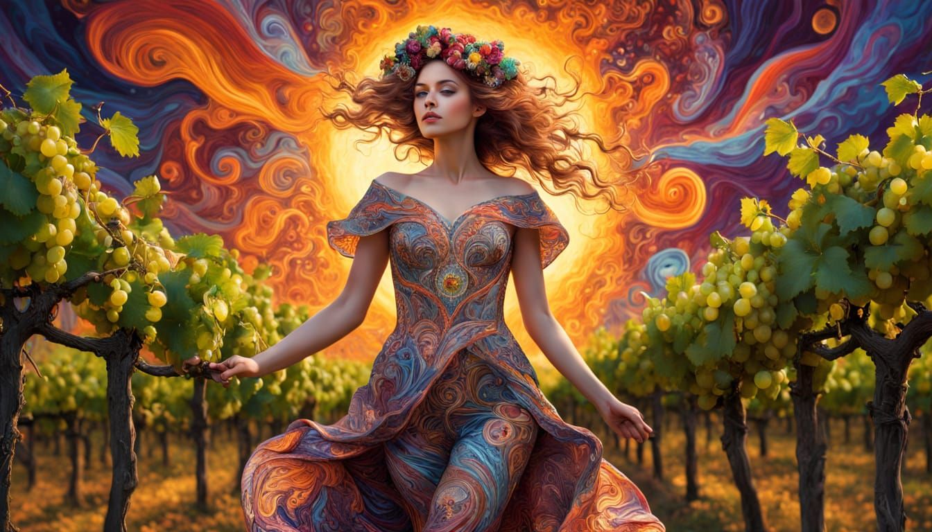 Ethereal Goddess Emerges from Vibrant Vineyard Landscape