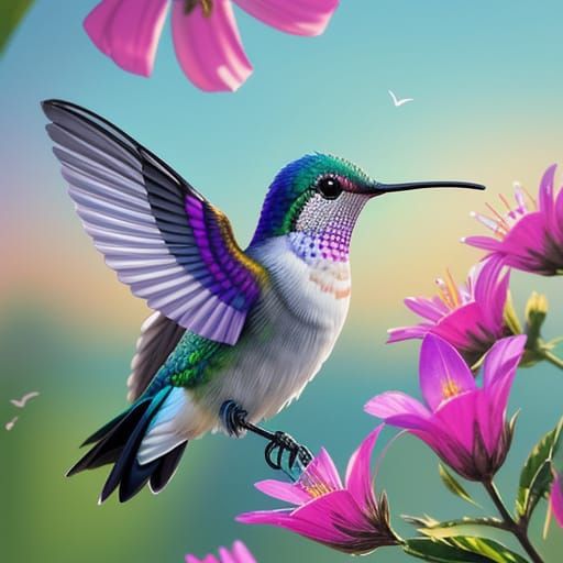 Vibrant Hummingbird Near Flower, Digital Painting