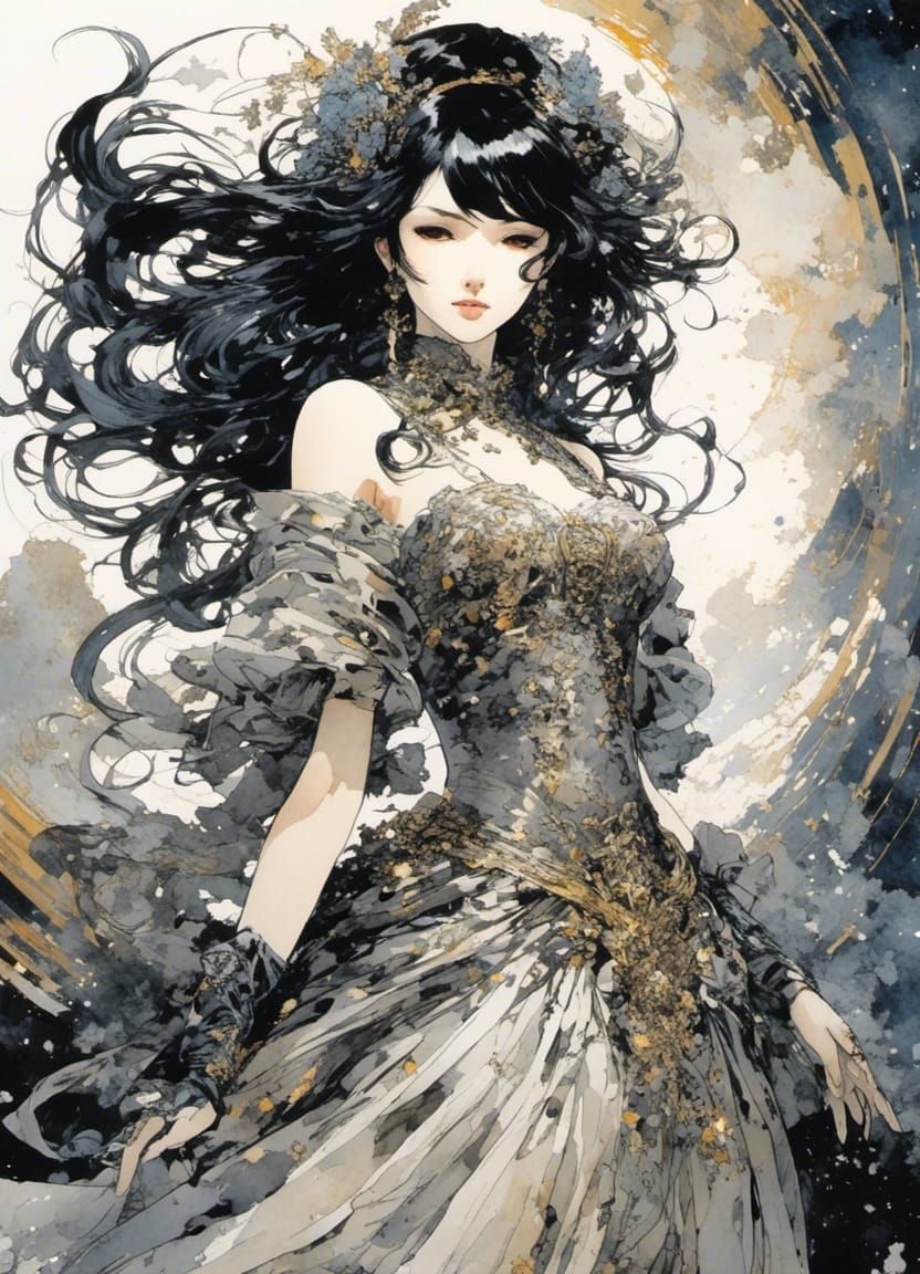 Watercolor Portrait of a Girl in Starry Dress