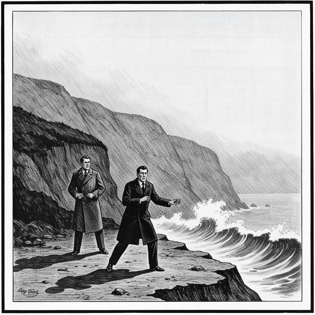 Noir Illustration of Figures on Foggy Cliffs