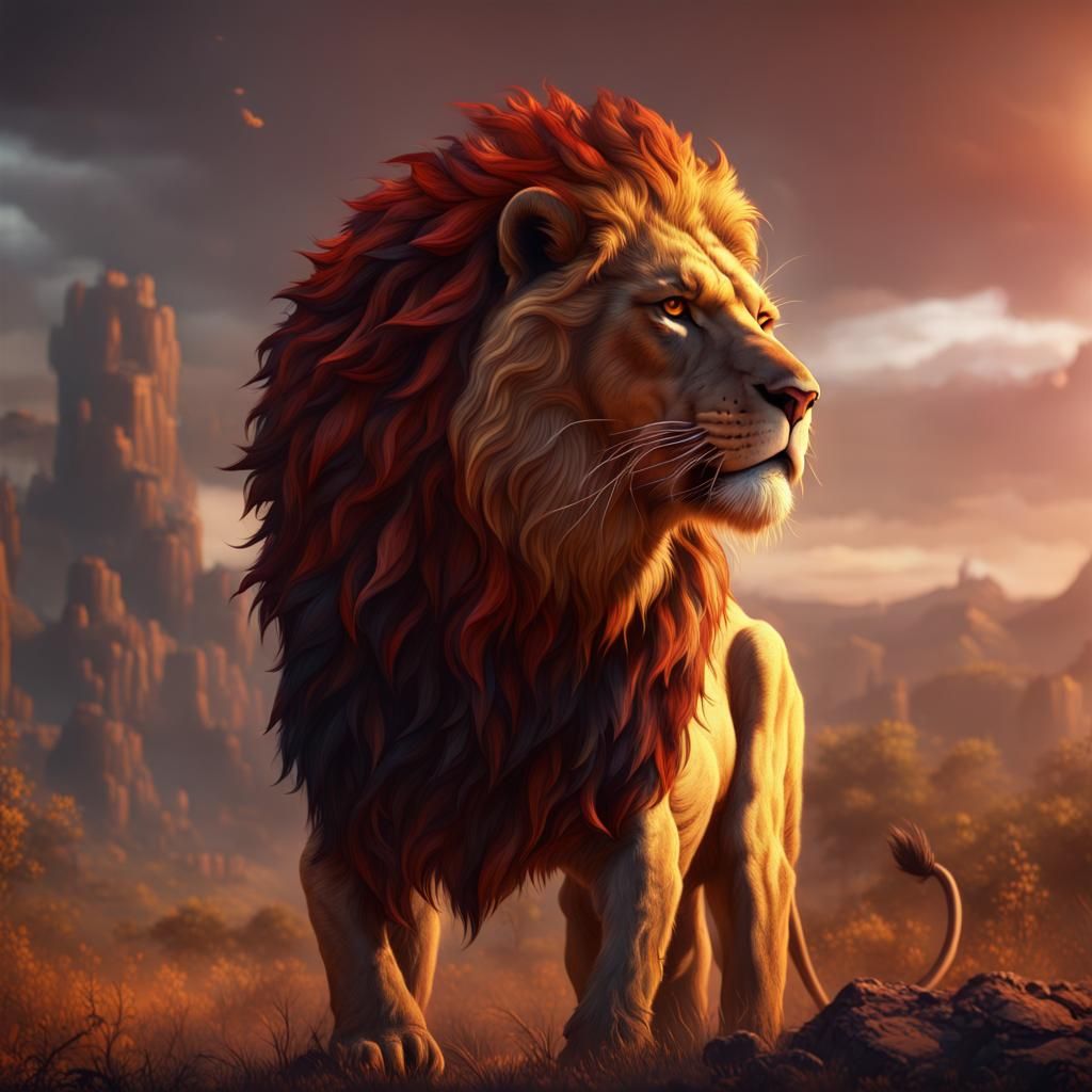 Fiery Sad Lion in a Fantastical Savanna