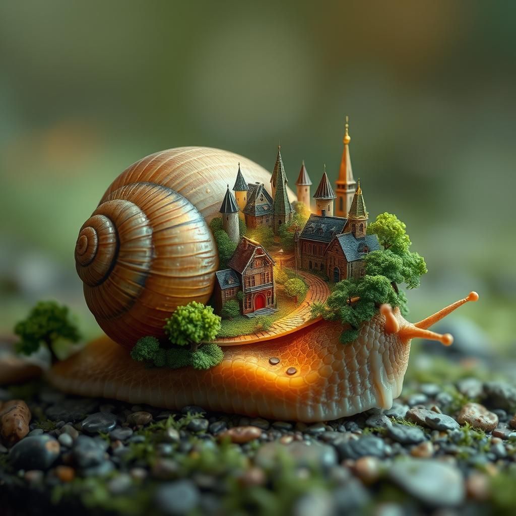 an abstract drawing of a snail, there is a tiny city growing...