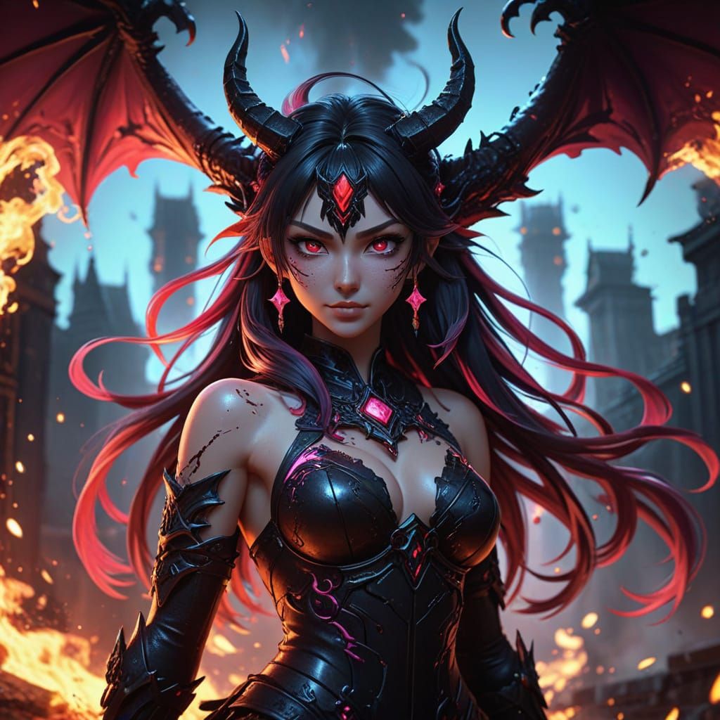 Ethereal Demon Goddess with Fiery Smile