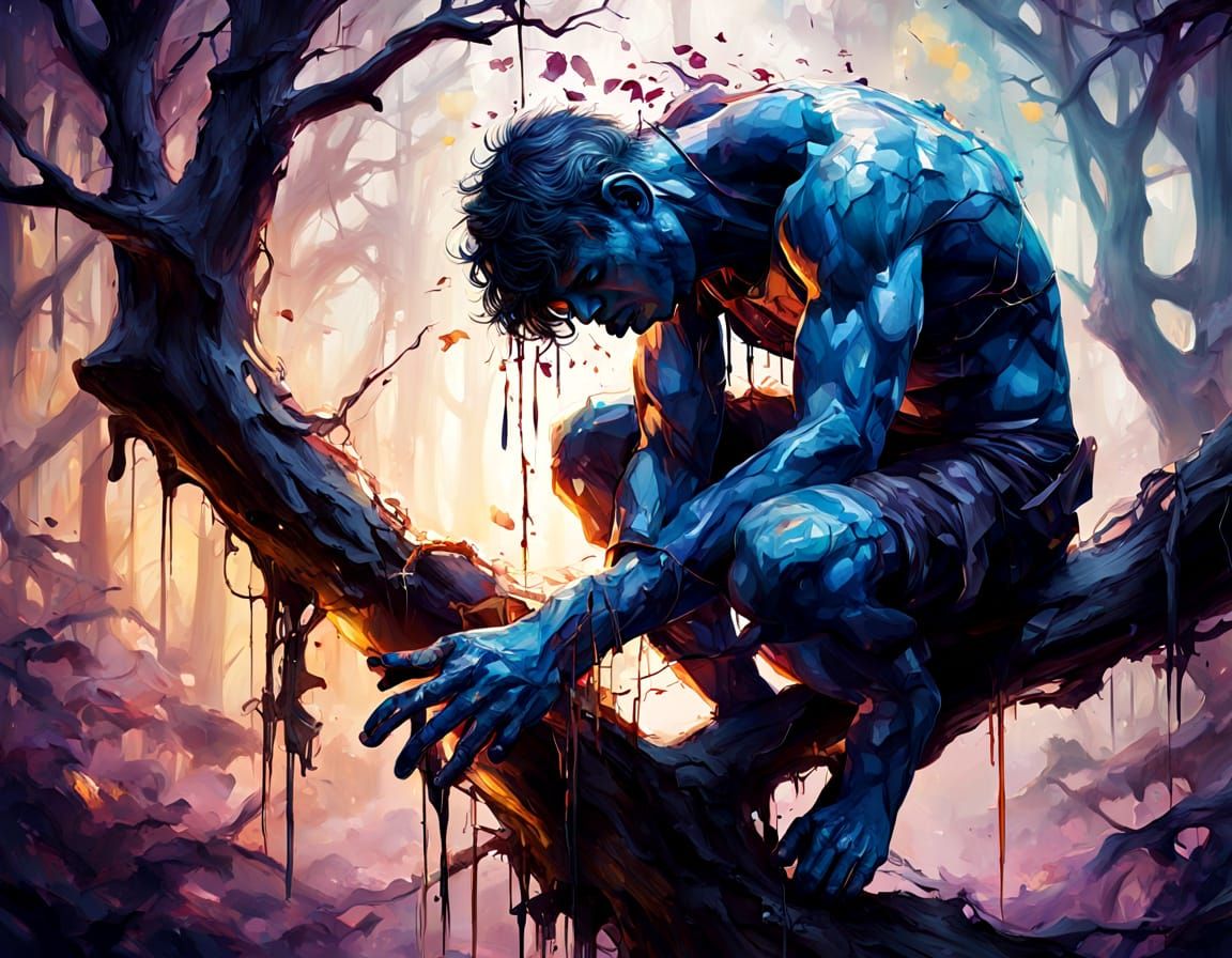 Melting Man in Surreal Forest: Digital Art Deco Illustration