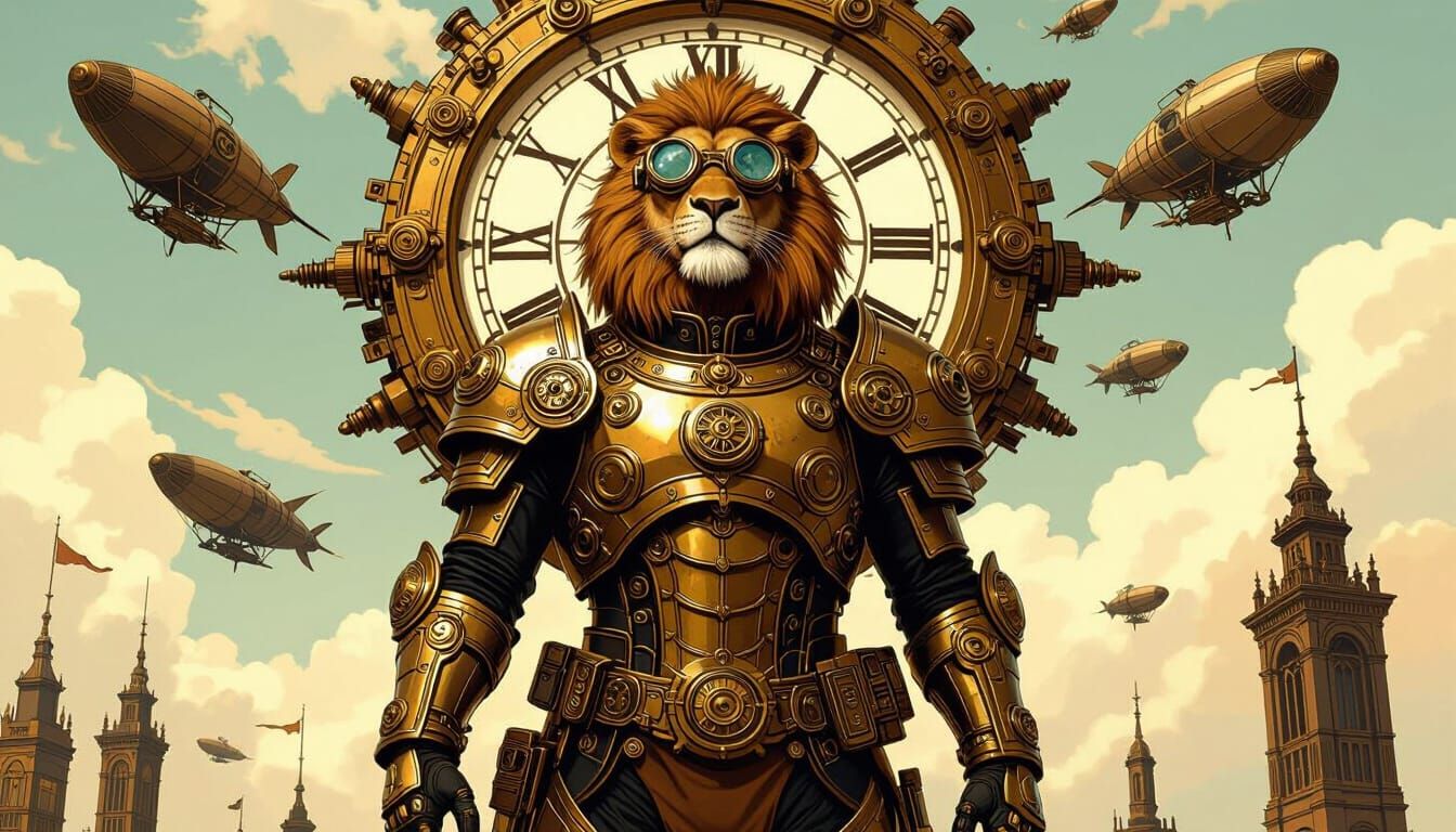Steampunk Lionman on Clockwork Tower with Airships