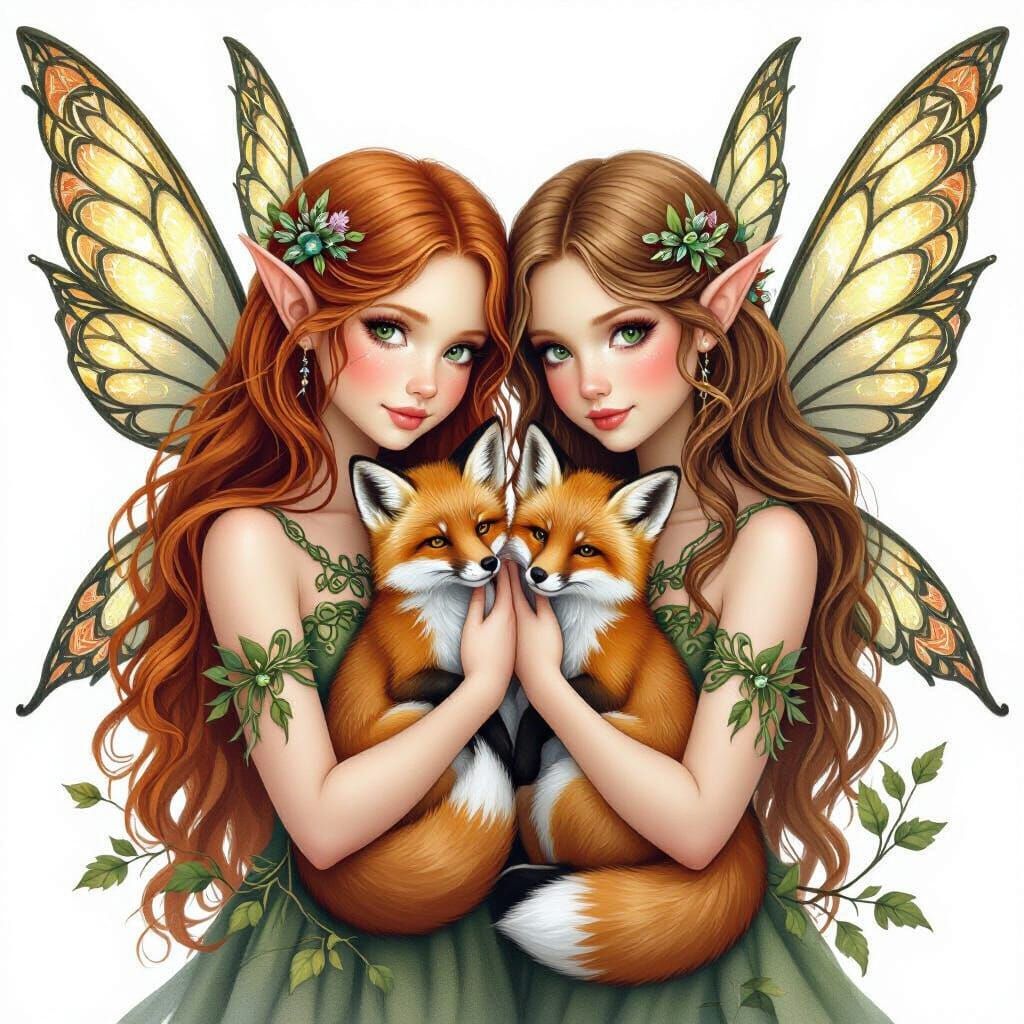 Forest Fairy Twins with Foxes, Celtic Knots, Autumn Glow