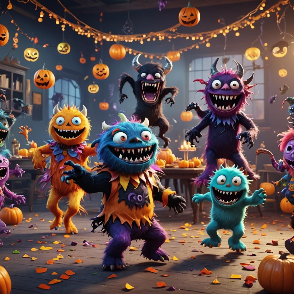 Colorful Monsters Dancing at Halloween Party