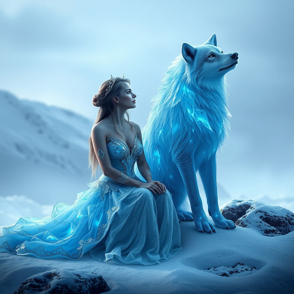 Icy Woman and Wolf in Winter Landscape