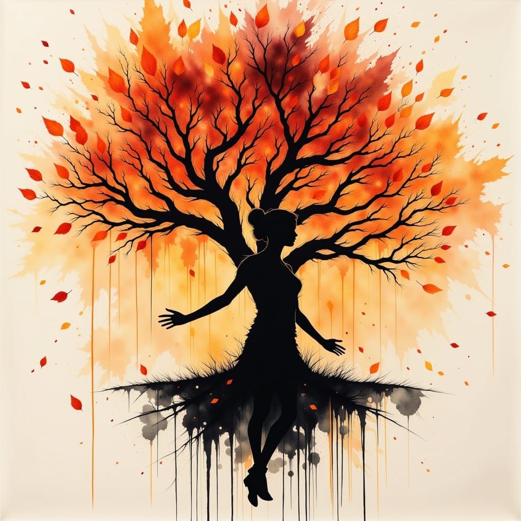 Lone Leaf Falls in Burnt Orange Watercolour Collage