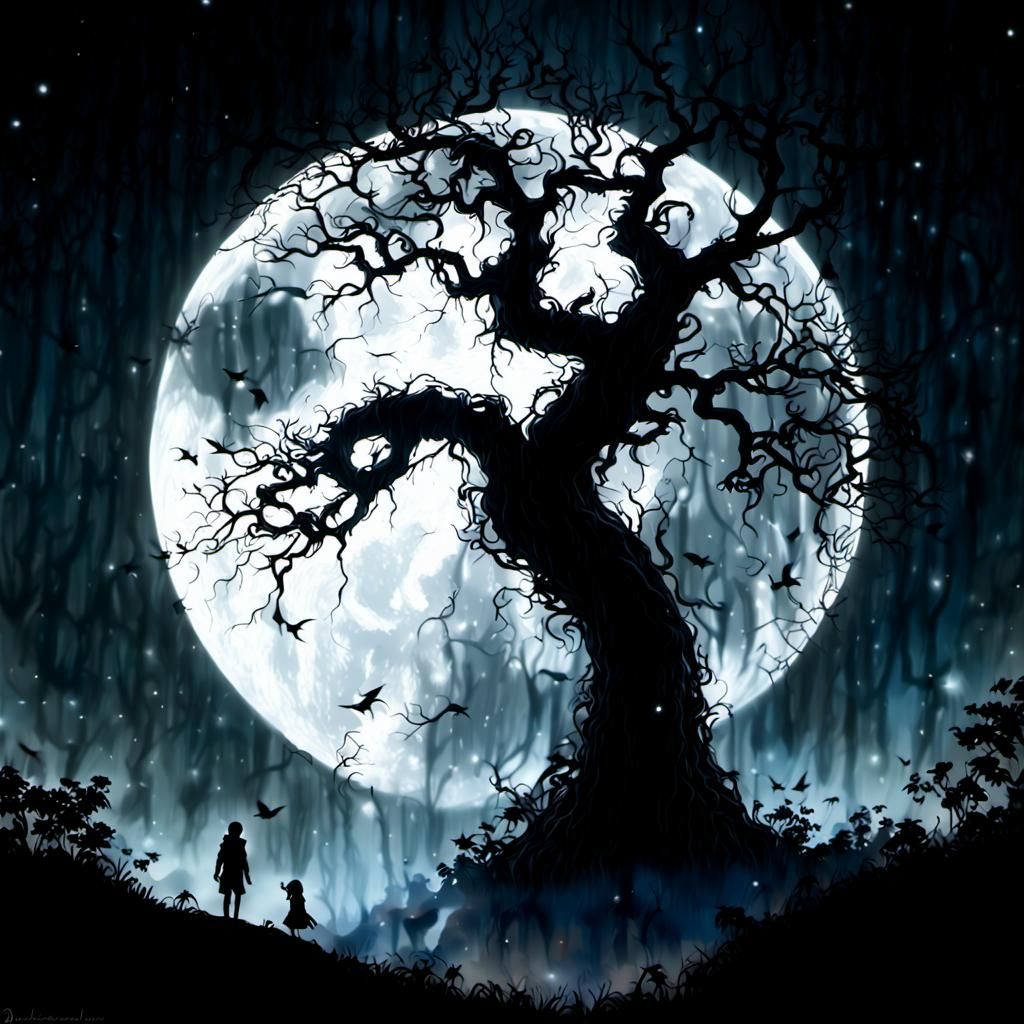 Realistic Moon Behind Trees in Burtonesque Style