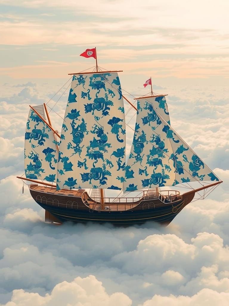 Chinoiserie Sailing Ship through the Clouds — A majestic sai...