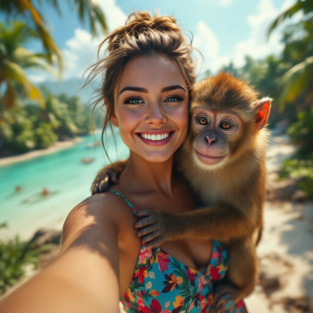 Exotic Paradise Selfie with Mischievous Monkey