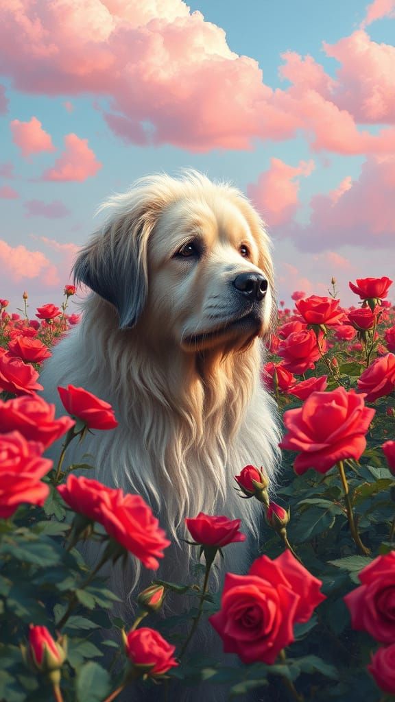 A Majestic Dog Amidst Vibrant Red Roses and Clouds