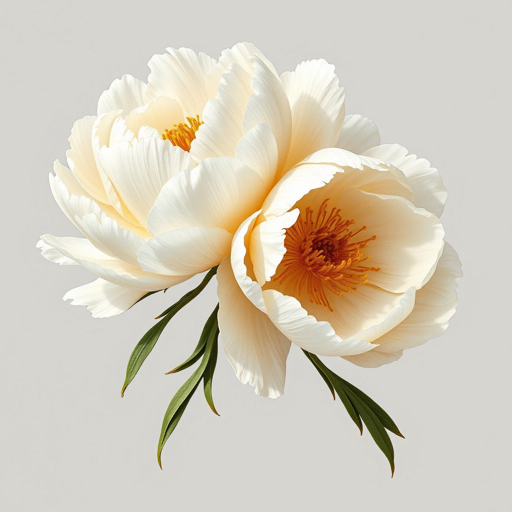 White and Gold Peony Blossoms in Anime Style