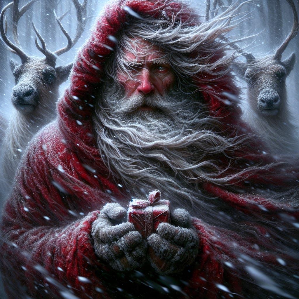 Father Christmas in a Raging Snowstorm, Hyper-Realistic Pain...