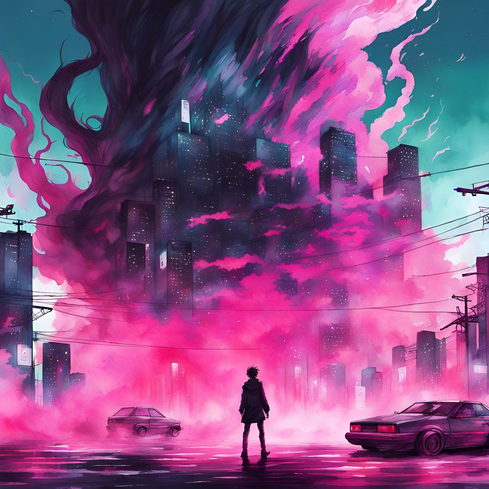 Epic Cyberpunk Watercolor Design with Mythical Elements