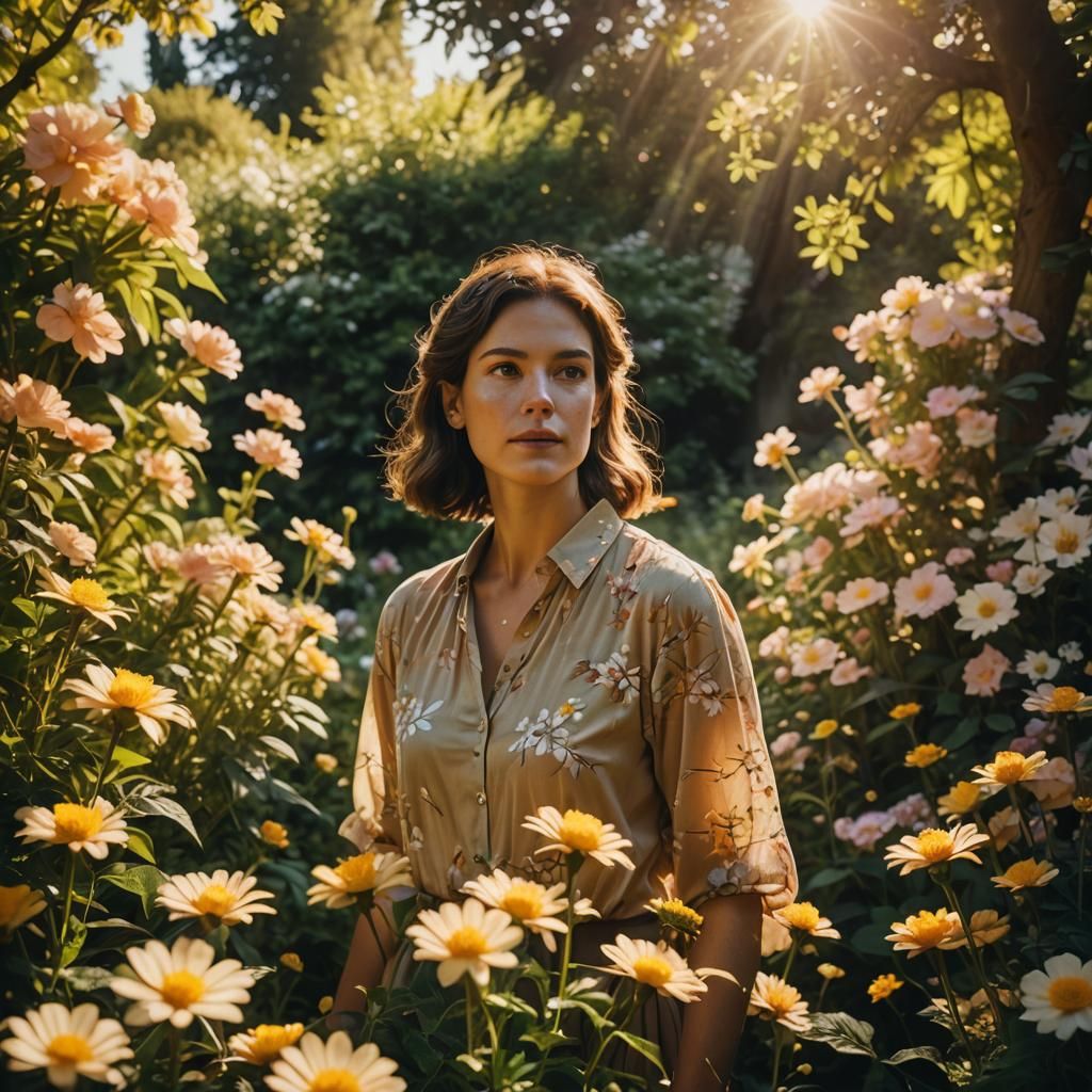 Woman Surrounded by Flowers in Golden Light