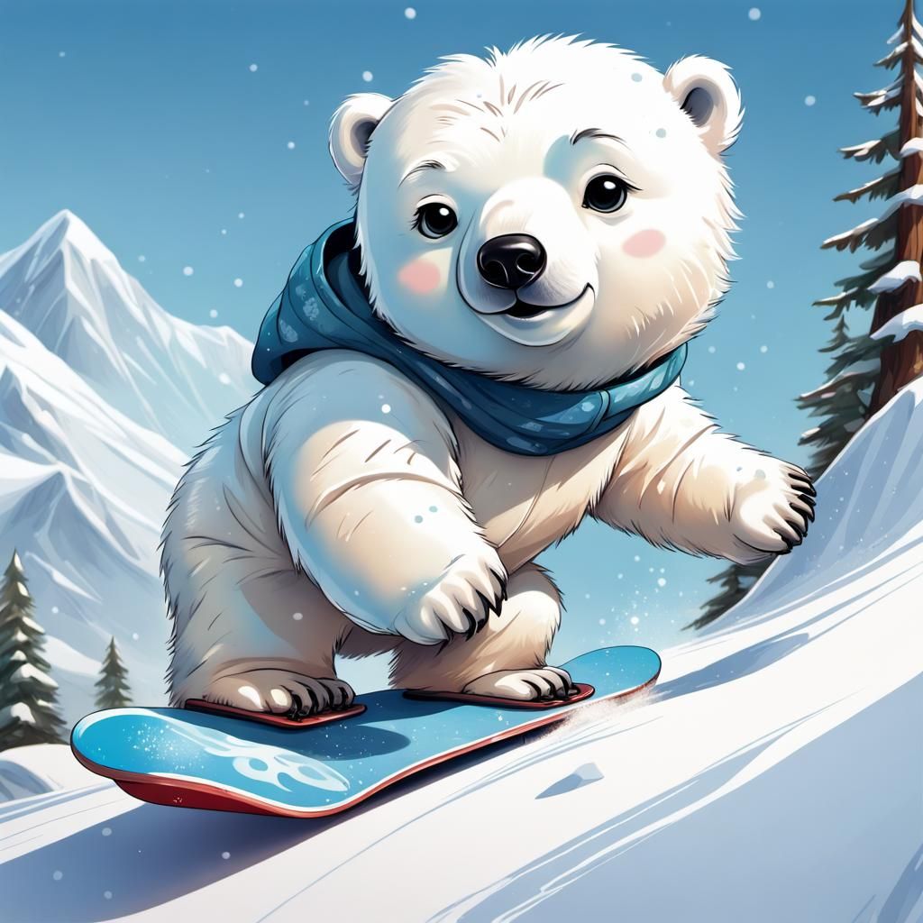 Chibi Polar Bear Snowboarding: Action Painting