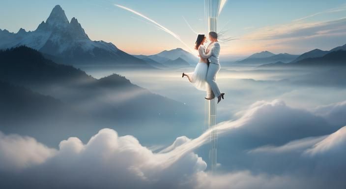 Romantic Couple Leap in Dreamlike Oil Painting