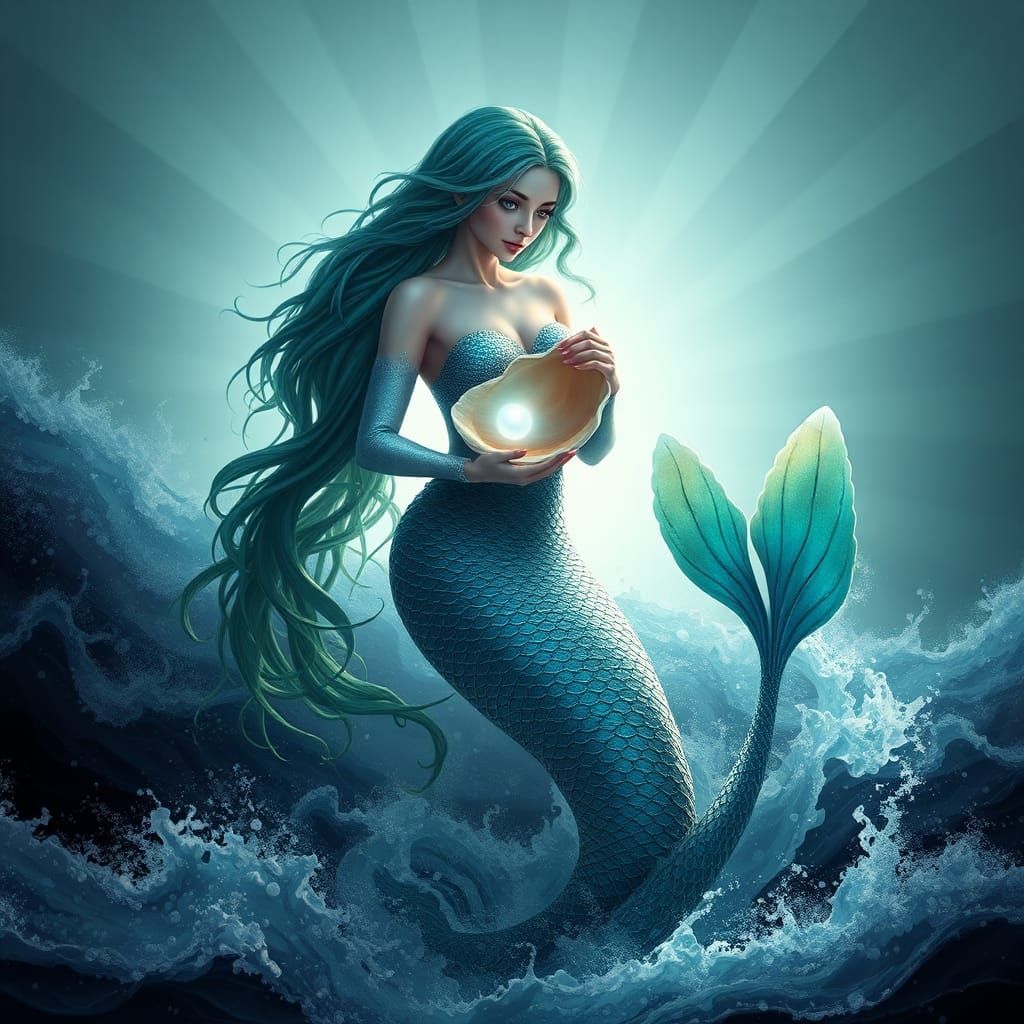 Mystical Mermaid Rising from Stormy Sea, Holding Pearl