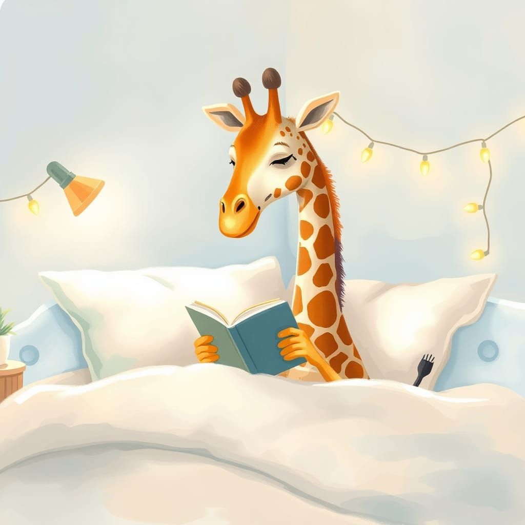 Giraffe Reading in Bed: Whimsical Illustration