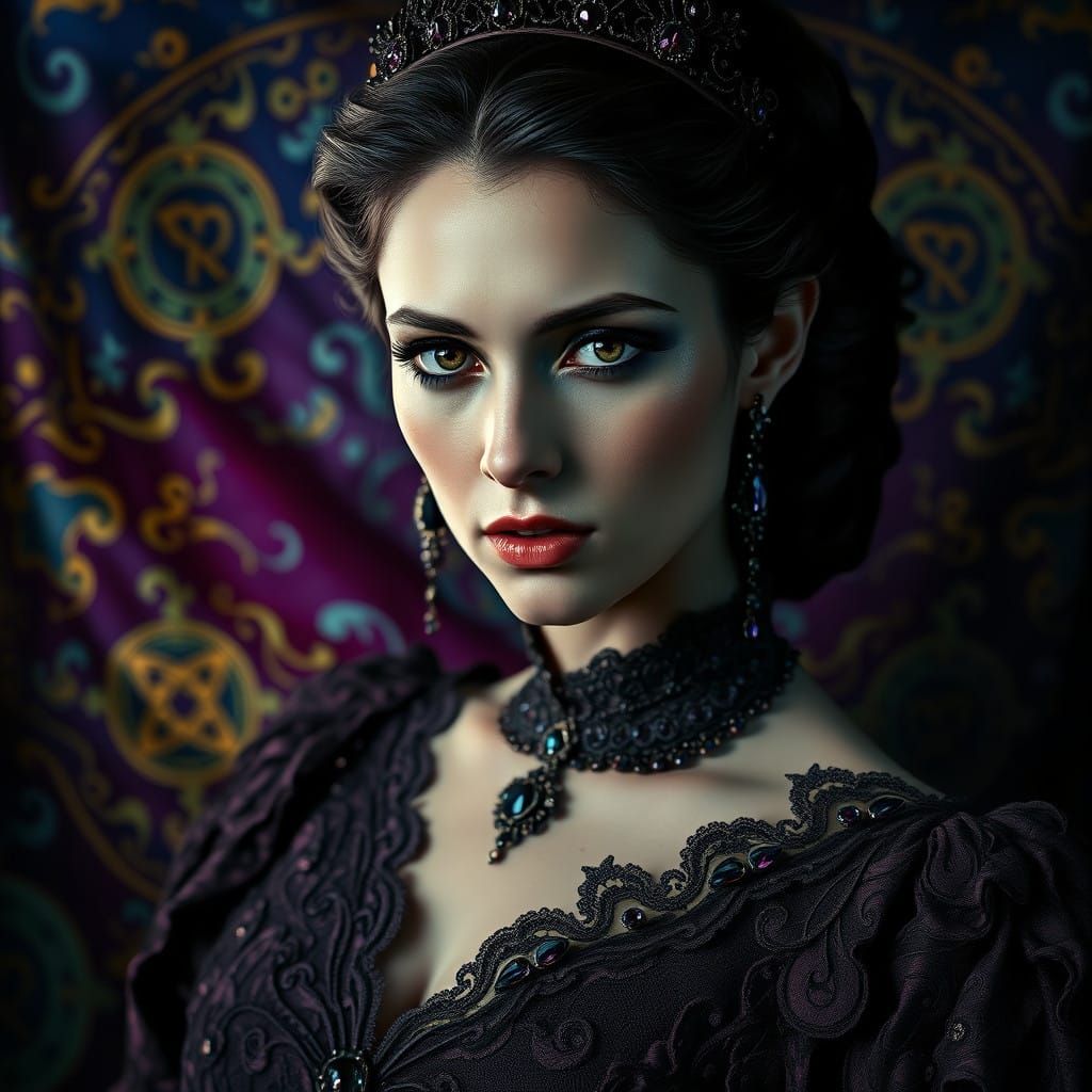 Regal Mysterious Woman in Victorian-Inspired Gown with Dream...
