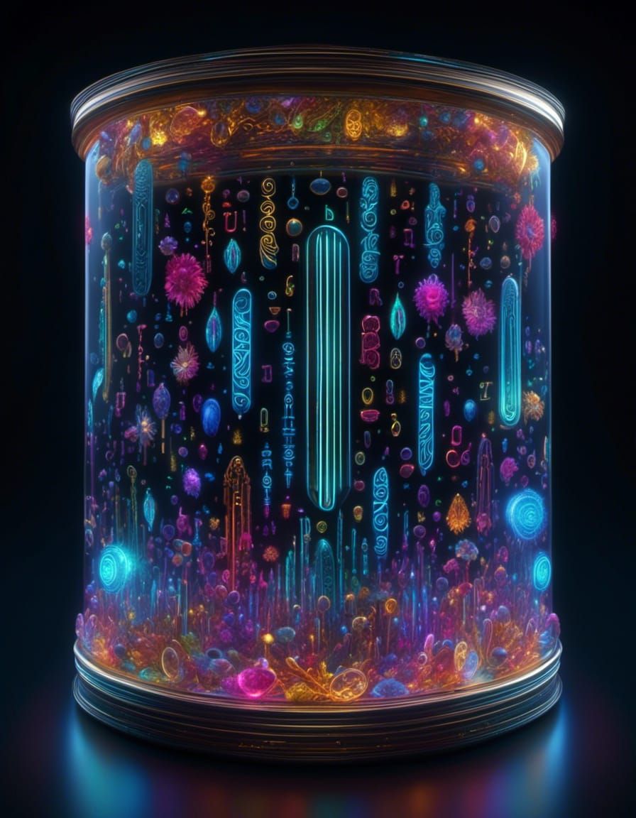Bioluminescent Glyphs in Glass Box, CGI VFX Art