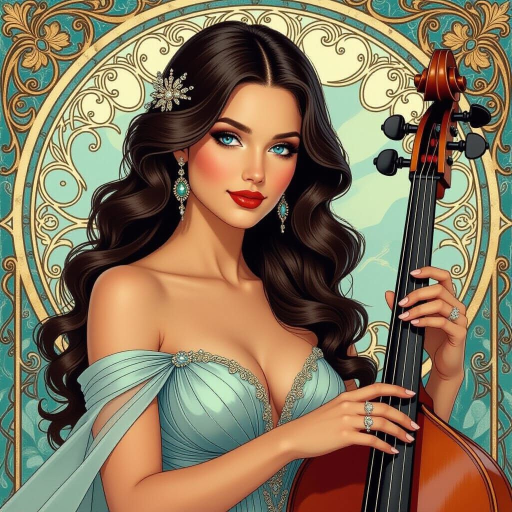 Elegant Woman with Blue Eyes Playing Music, Art Nouveau Styl...